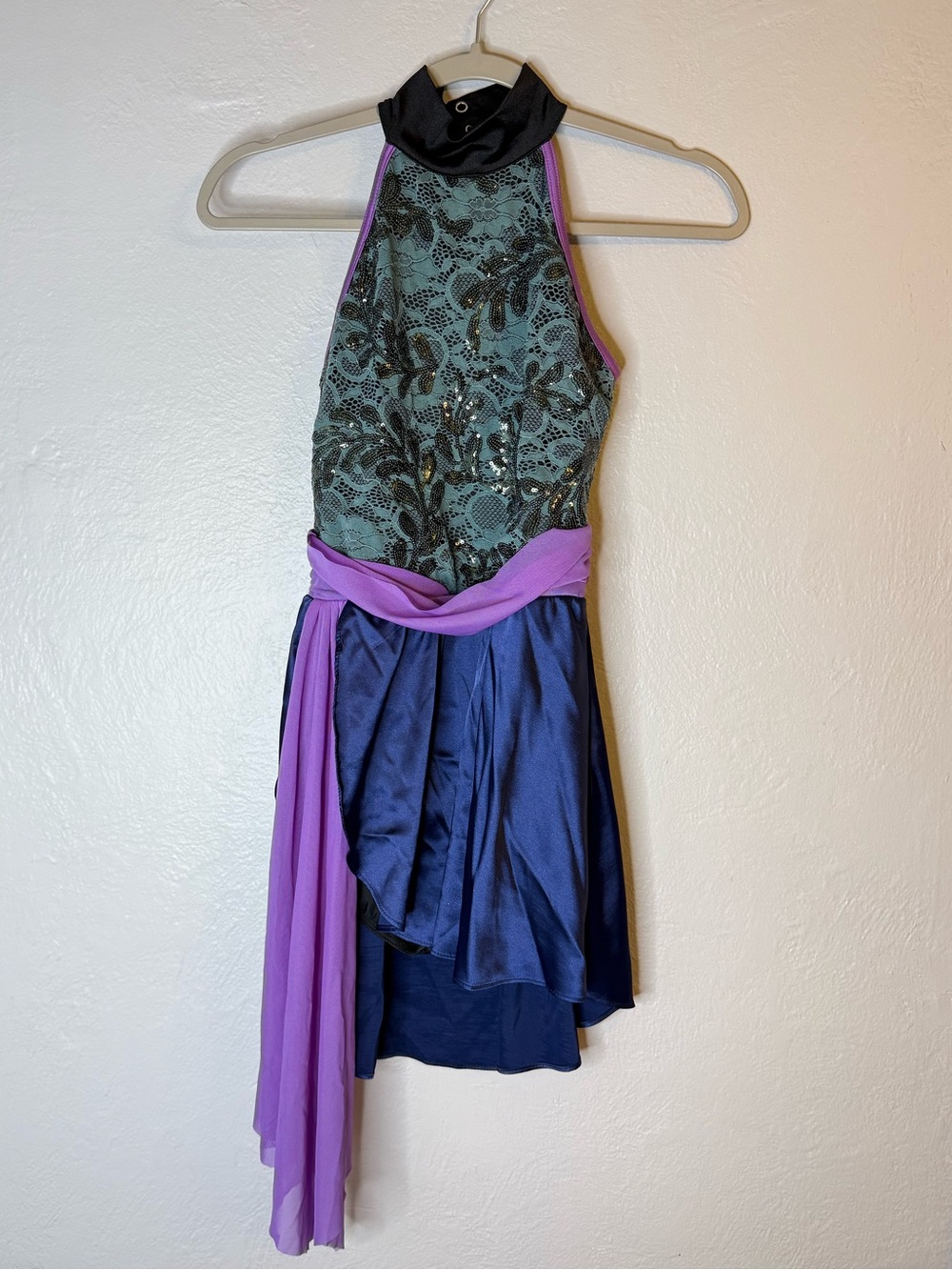 Weissman Dance Costume Lace Sequin Dress Navy Skirt Purple Sash SAMPLE Sz Small